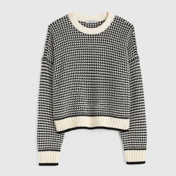 Madewell Textured-Stitch Crewneck Sweater 100% Cotton in Ivory And Black Stripe - Picture 1 of 13